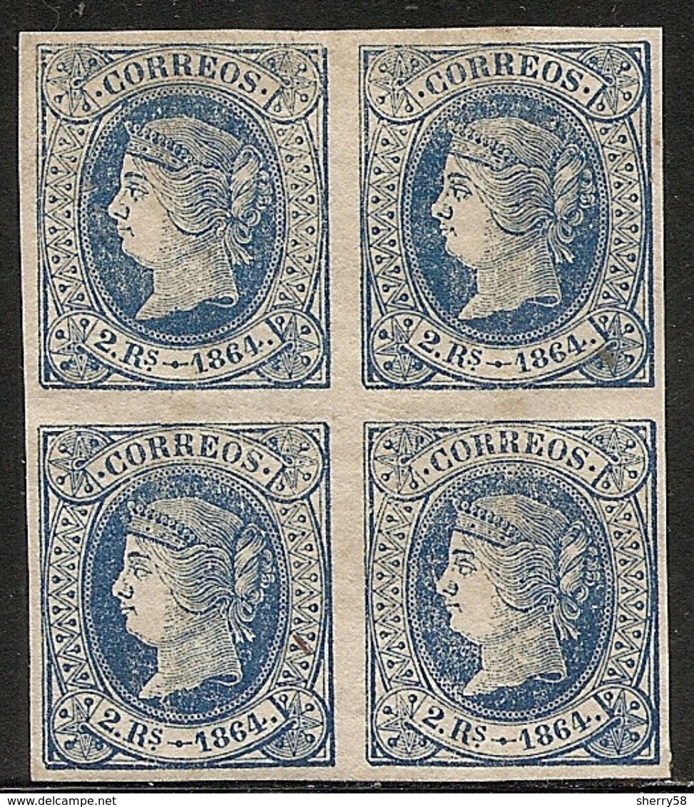 1864-ED. 68 ISABEL II 2 REALES AZUL S. ROSA EN BLOQUE DE CUATRO- NUEVO-MH - - Postfris – Scharnier