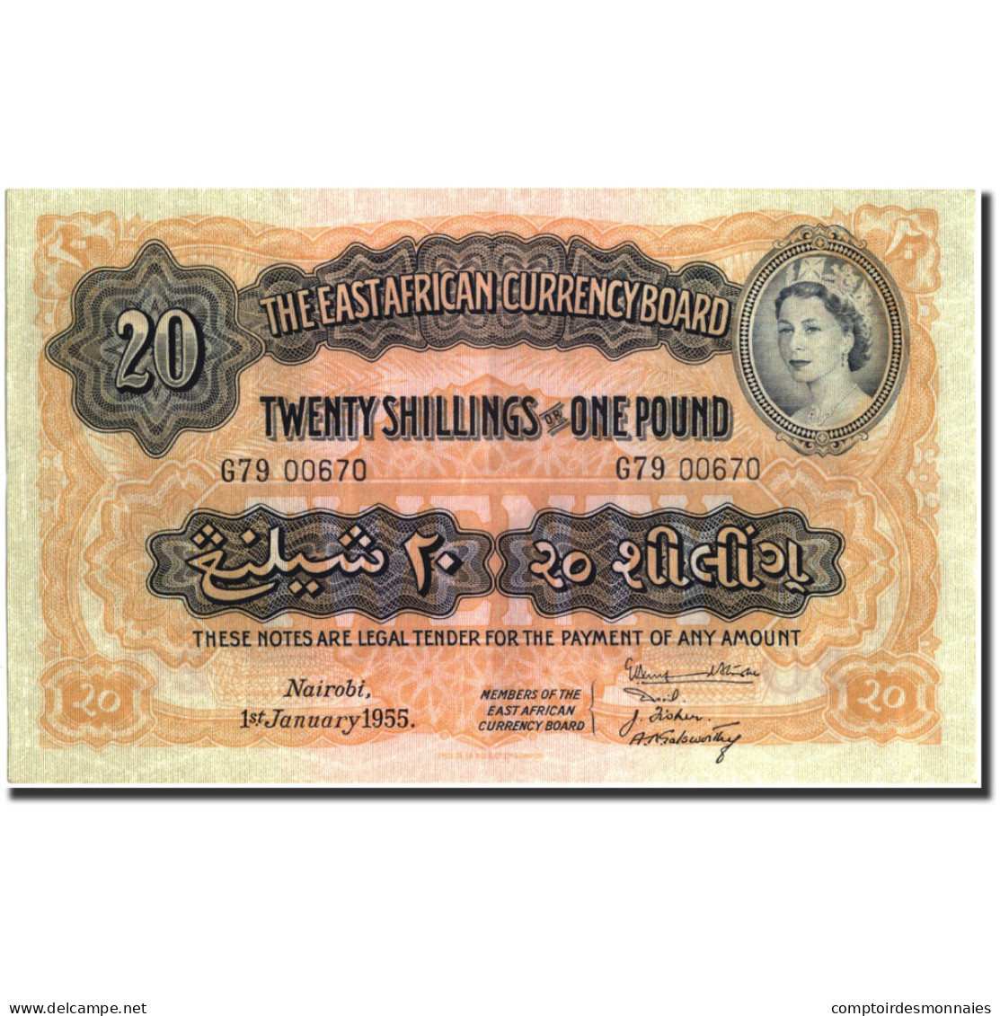 Billet, EAST AFRICA, 20 Shillings = 1 Pound, 1955, 1955-01-01, KM:35, SUP+ - Kenia