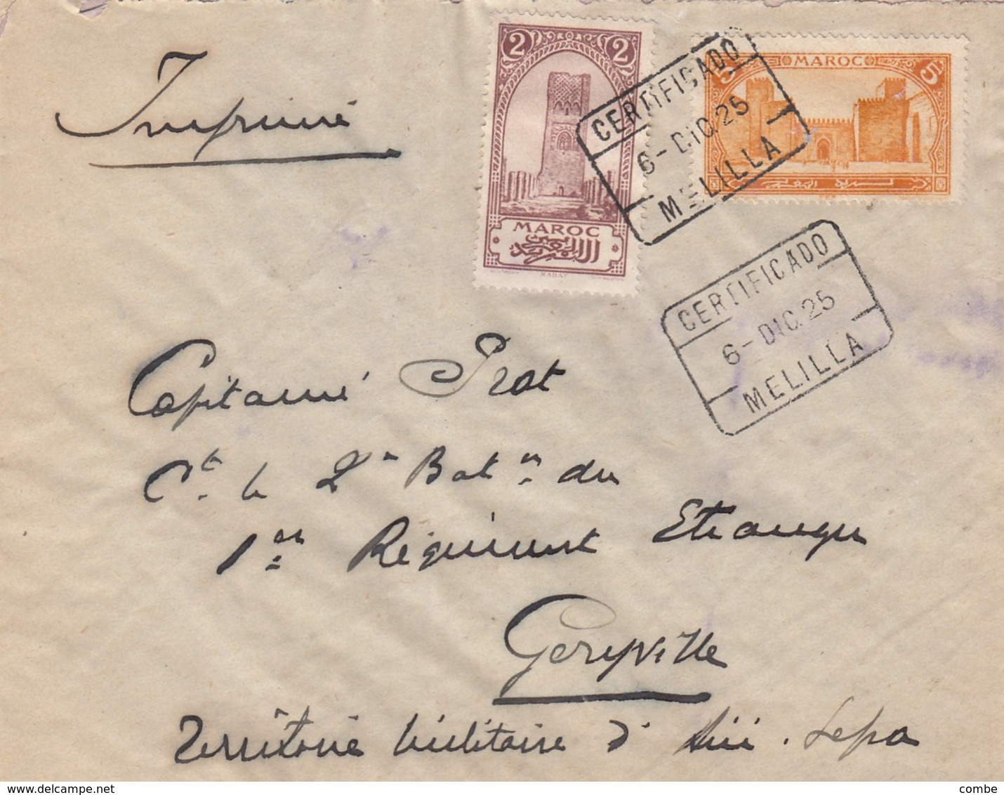 LETTRE. 6 12 25. RECOMMANDÉ ENCLAVE ESPAGNOLE DE MELILLA. POUR CAPITAINE à GERYVILLE TERRITOIRE MILITAIRE D'AÏN SEFRA/3 - Covers & Documents