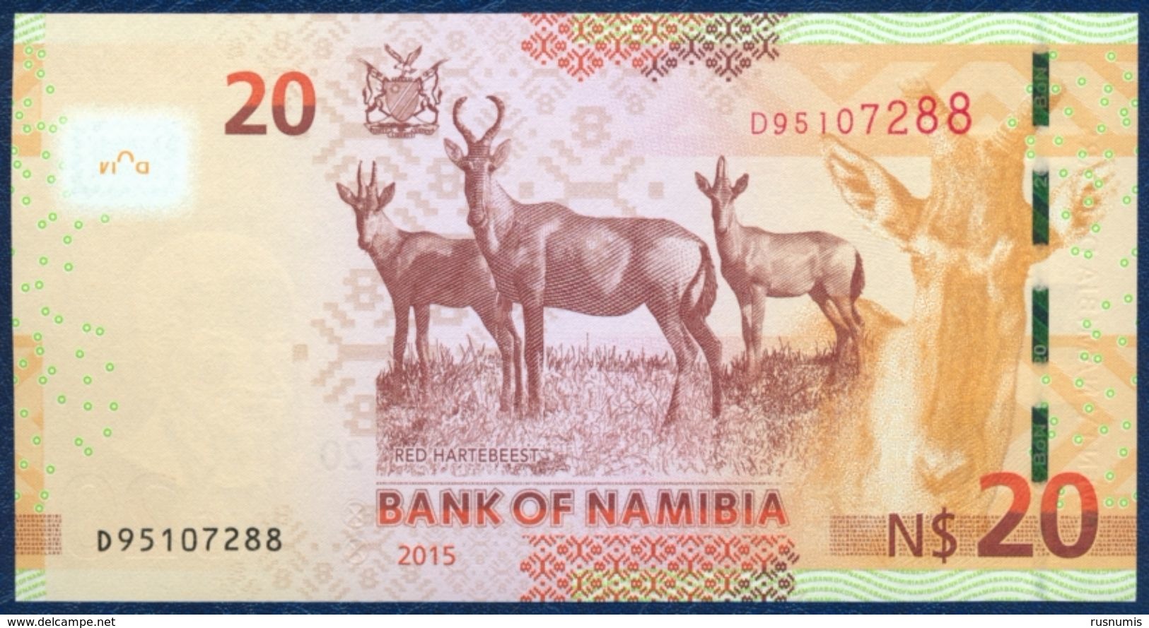 NAMIBIA 20 DOLLARS P-17  FAUNA ANIMALS RED HARTEBEEST ANTELOPE 2015 UNC - Namibia