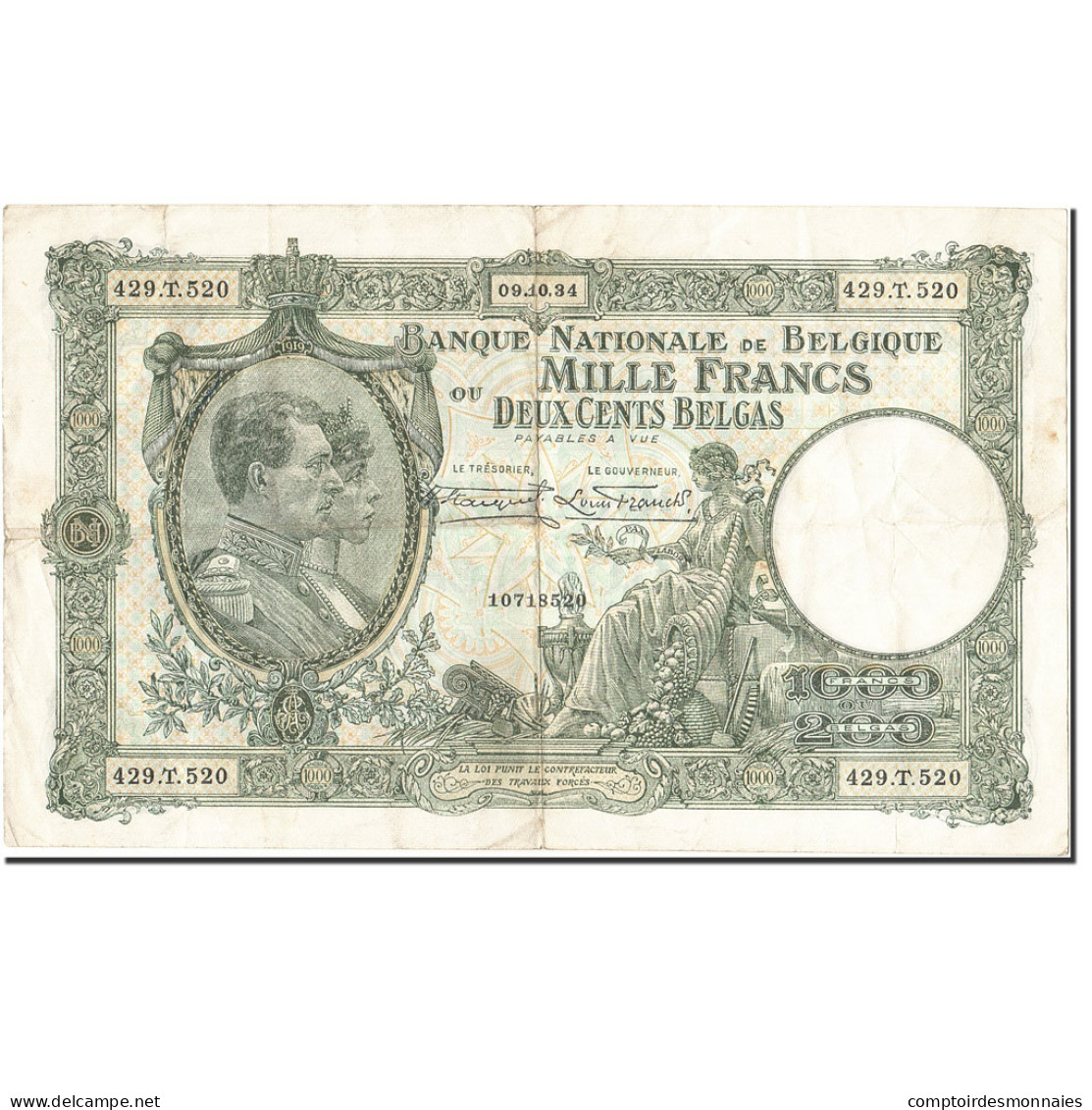 Billet, Belgique, 1000 Francs-200 Belgas, 1927-1929, 1934-10-09, KM:104, TTB - 1000 Francs & 1000 Francs-200 Belgas