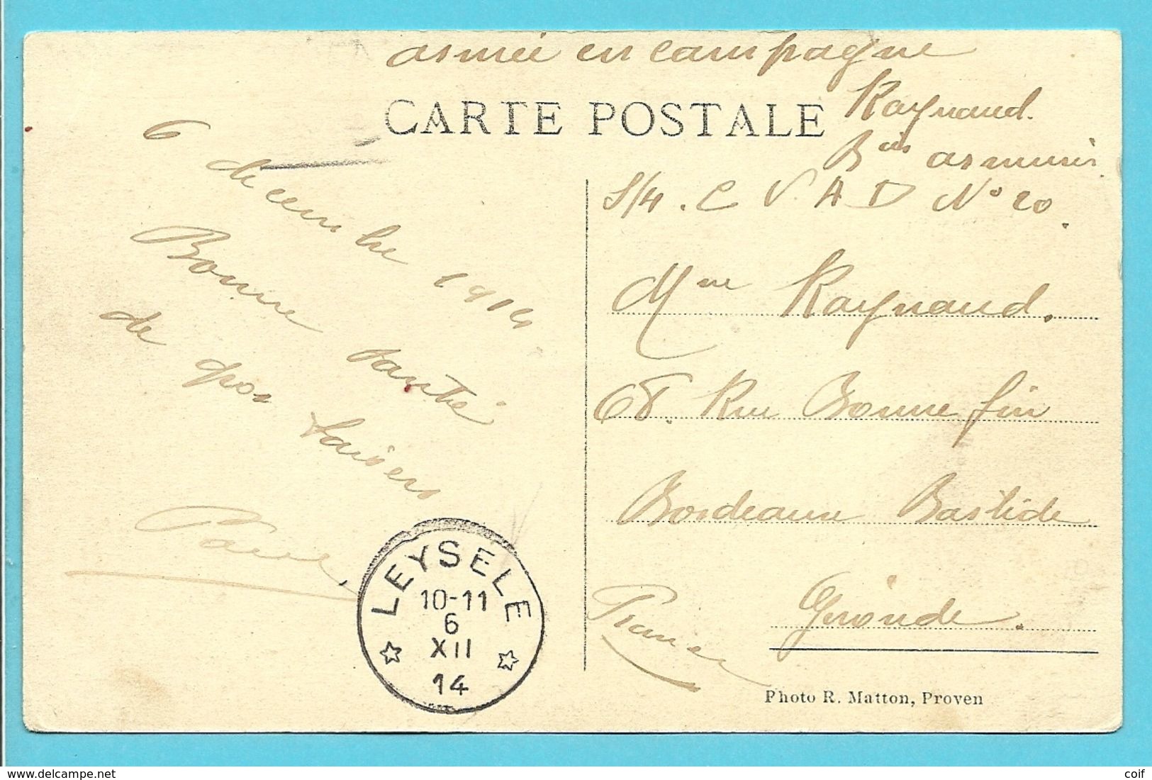 Kaart Met Sterstempel (Relais) * LEYSELE * Op 6/12/1914 - Zone Non Occupée