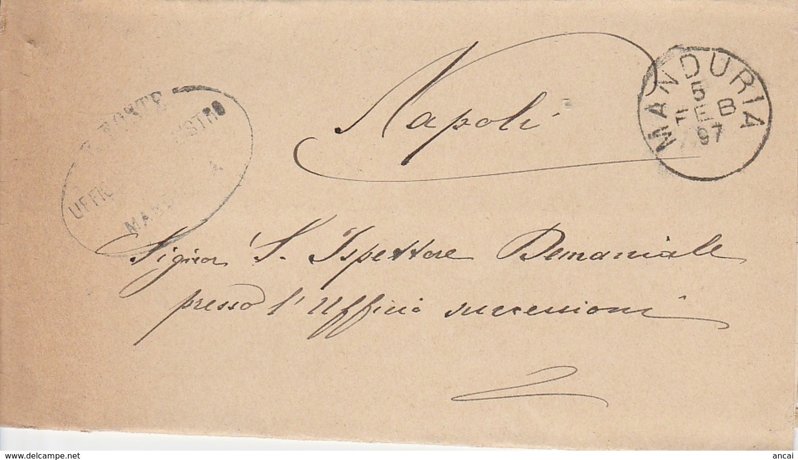 Manduria. 1897. Annullo Grande Cerchio MANDURIA  + UFFICIO REGISTRO, Su  Franchigia - Storia Postale