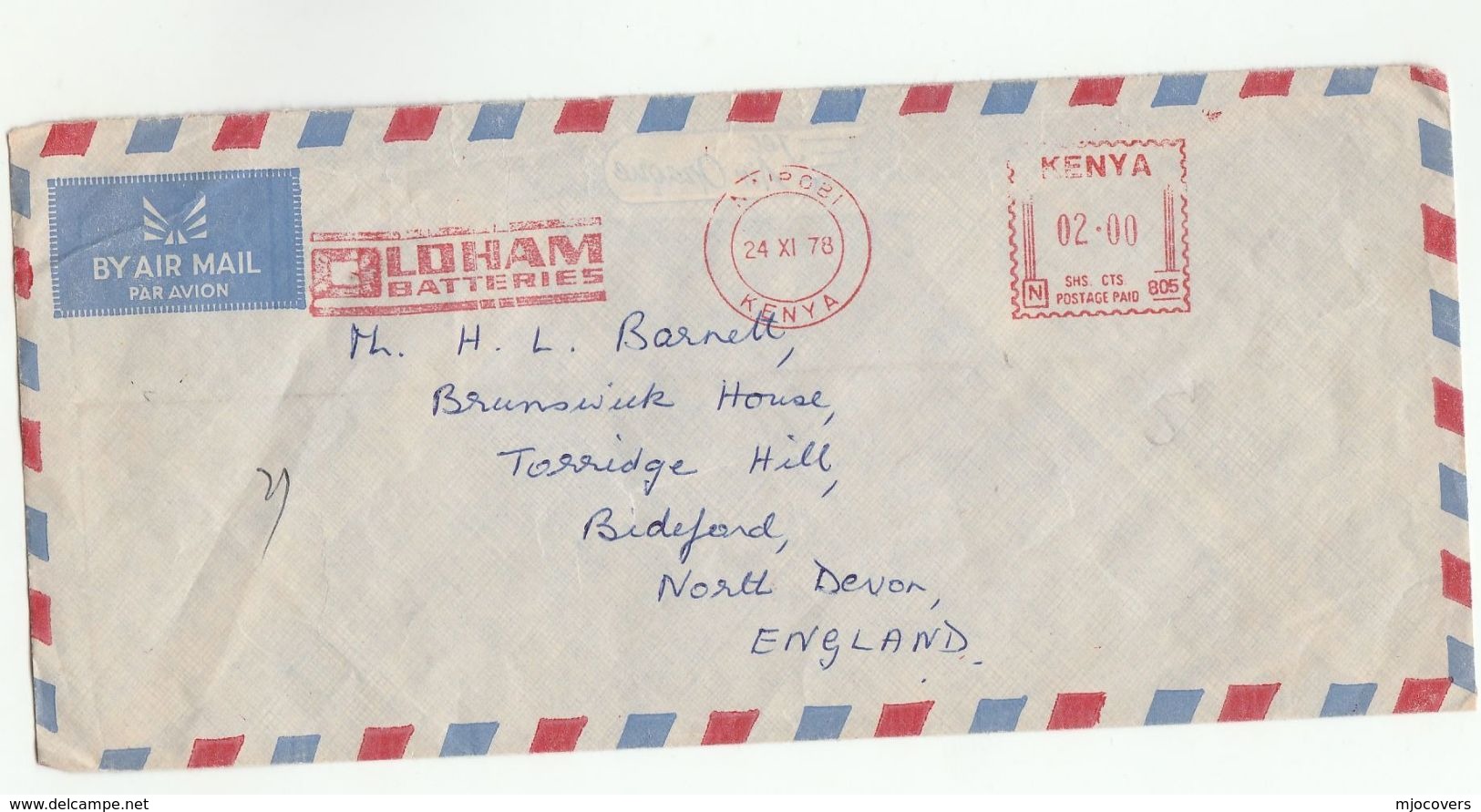 1978 KENYA COVER METER Stamps SLOGAN OLDHAM BATTERIES To GB - Kenya (1963-...)