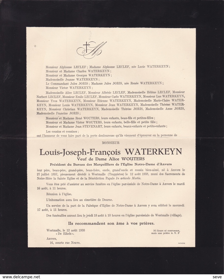 WESTMALLE Trappistes Louis WATERKEYN Veuf WOUTERS Anvers 1857 - Westmalle 1938 Enterré DEURNE - Décès