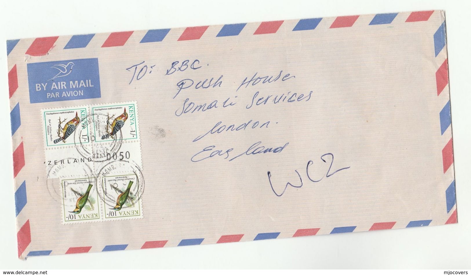 Air Mail KENYA COVER Stamps 2x 10/- BEE EATER BIRD 2x 1/- BARBET Birds - Kenya (1963-...)