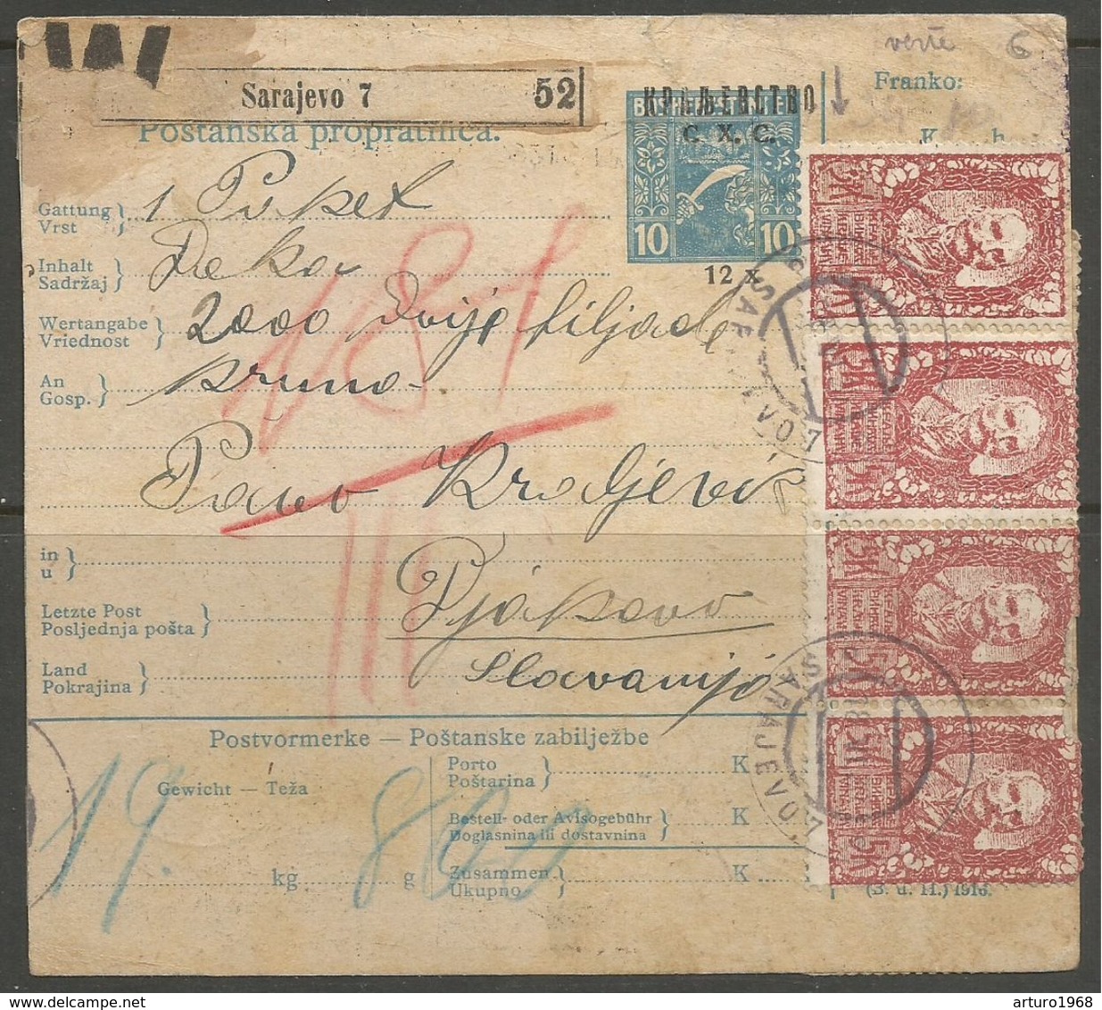 Yugoslavia SHS Slovenia Bosnia Jugoslawien Paketkarte Parcel Card  1921 High Franking, Signed Velickovic - Briefe U. Dokumente