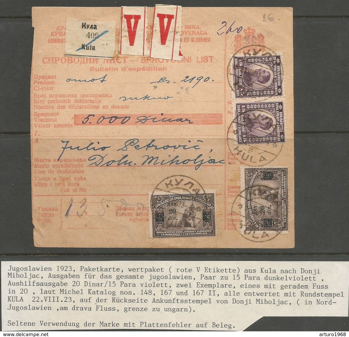 Yugoslavia SHS Jugoslawien Paketkarte Parcel Card 1923 With Scarce Franking Mi.167I + II, Both Types , Signed Velickovic - Briefe U. Dokumente