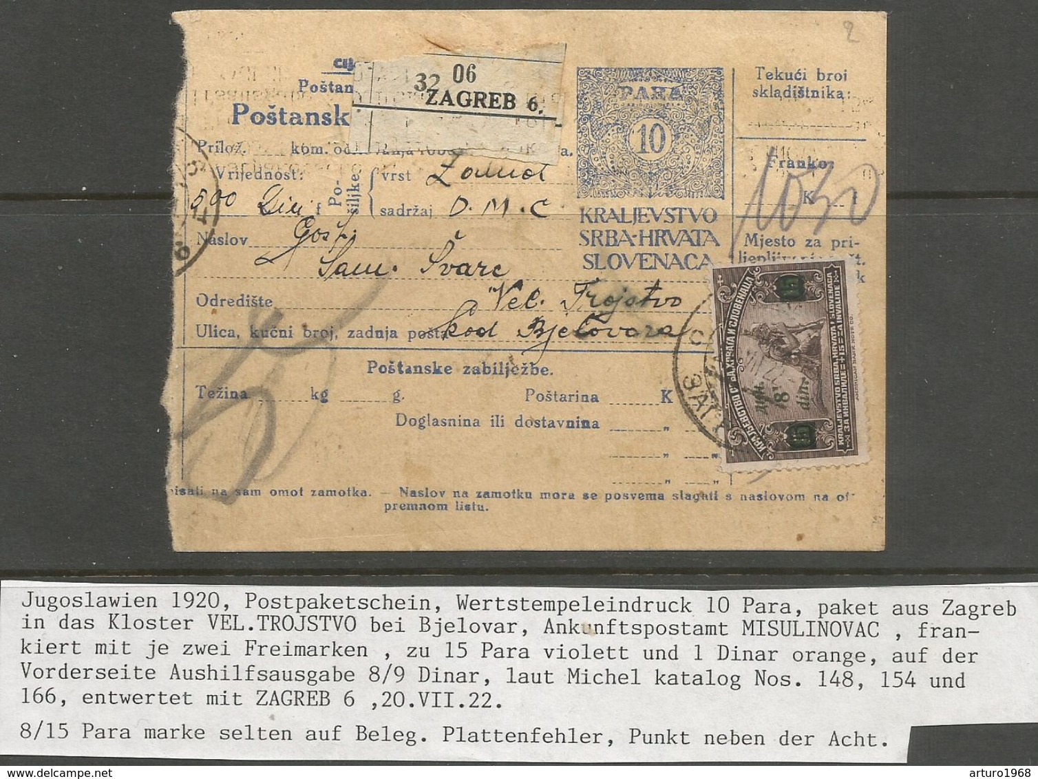 Yugoslavia SHS Jugoslawien Paketkarte Parcel Card 1922 Franked With Mi.166 With Plate Flaw, Signed Velickovic - Briefe U. Dokumente