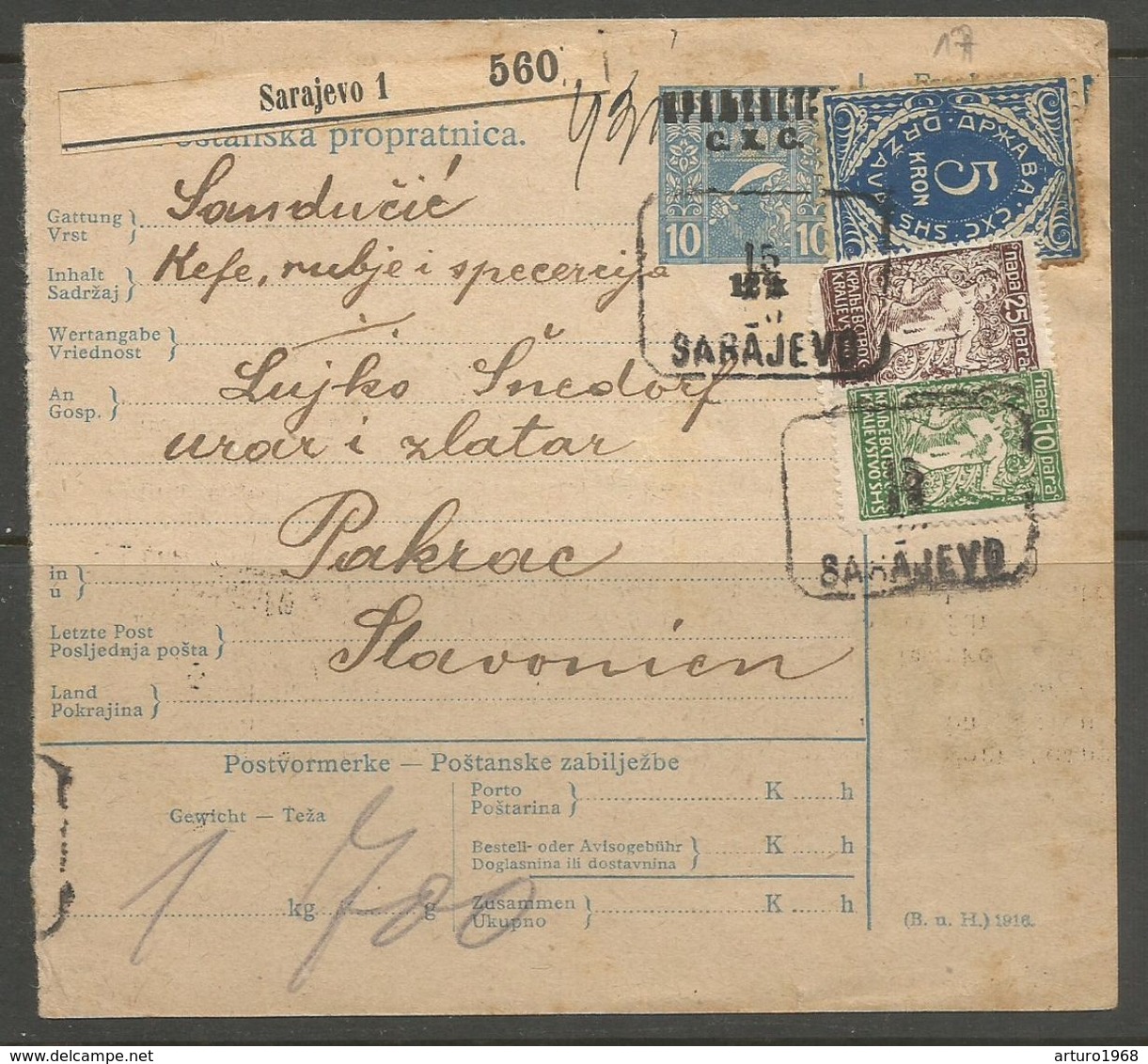 Yugoslavia SHS Slovenia Bosnia Jugoslawien Paketkarte Parcel Card 1920 Franked With Porto Stamp, Signed Velickovic - Briefe U. Dokumente