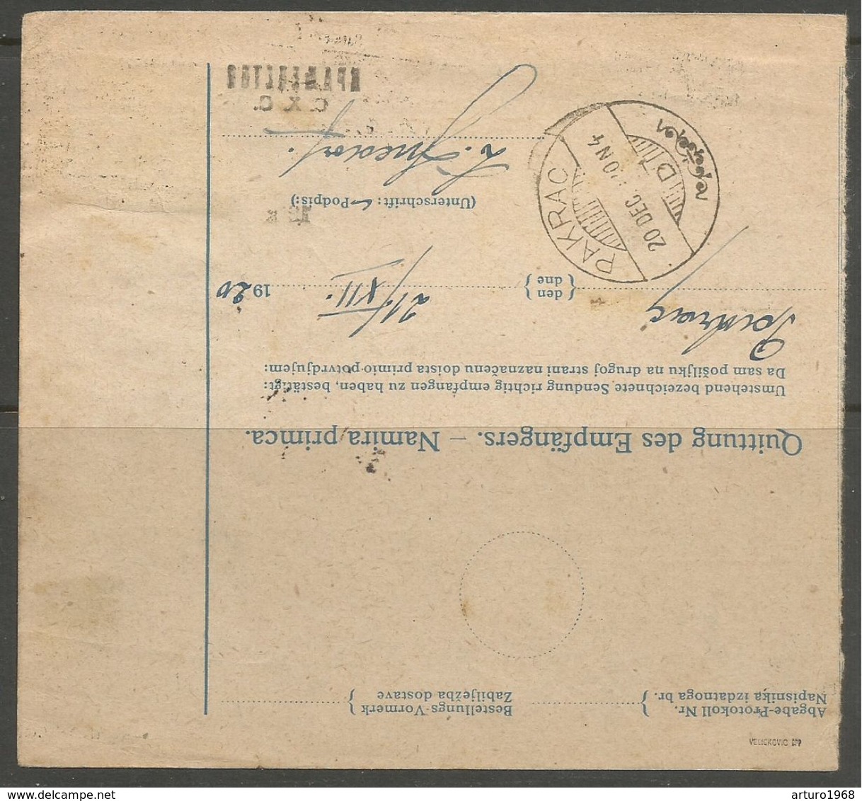 Yugoslavia SHS Slovenia Bosnia Jugoslawien Paketkarte Parcel Card 1920 Franked With Porto Stamp, Signed Velickovic - Briefe U. Dokumente