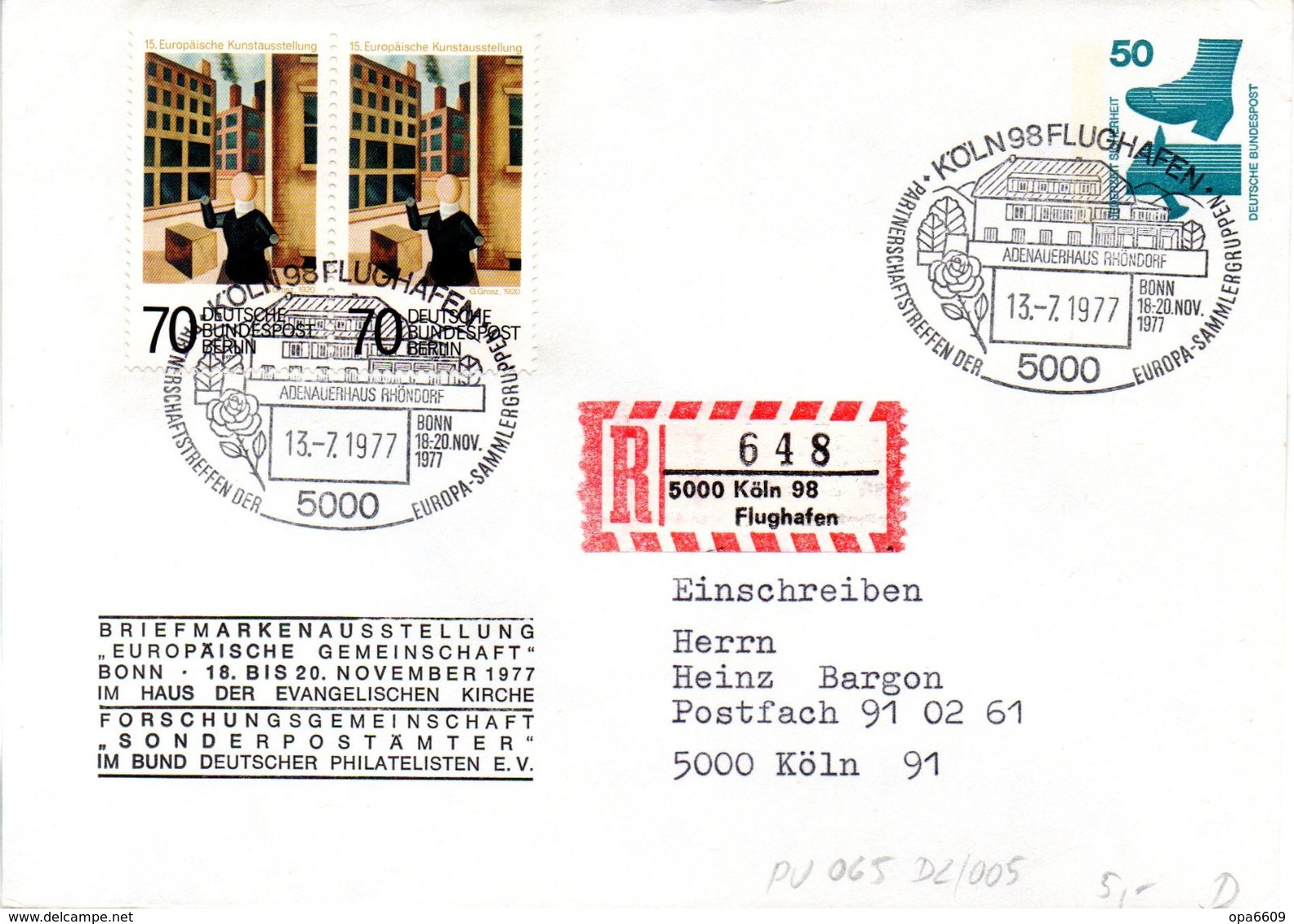 (BPGS) BRD Privatganzsachenumschlag PU065 D2/005 ZF "BM-Ausstellung EUROPÄISCHE GEMEINSCHAFT", SSt 13.7.77 KÖLN 98 - Private Covers - Used