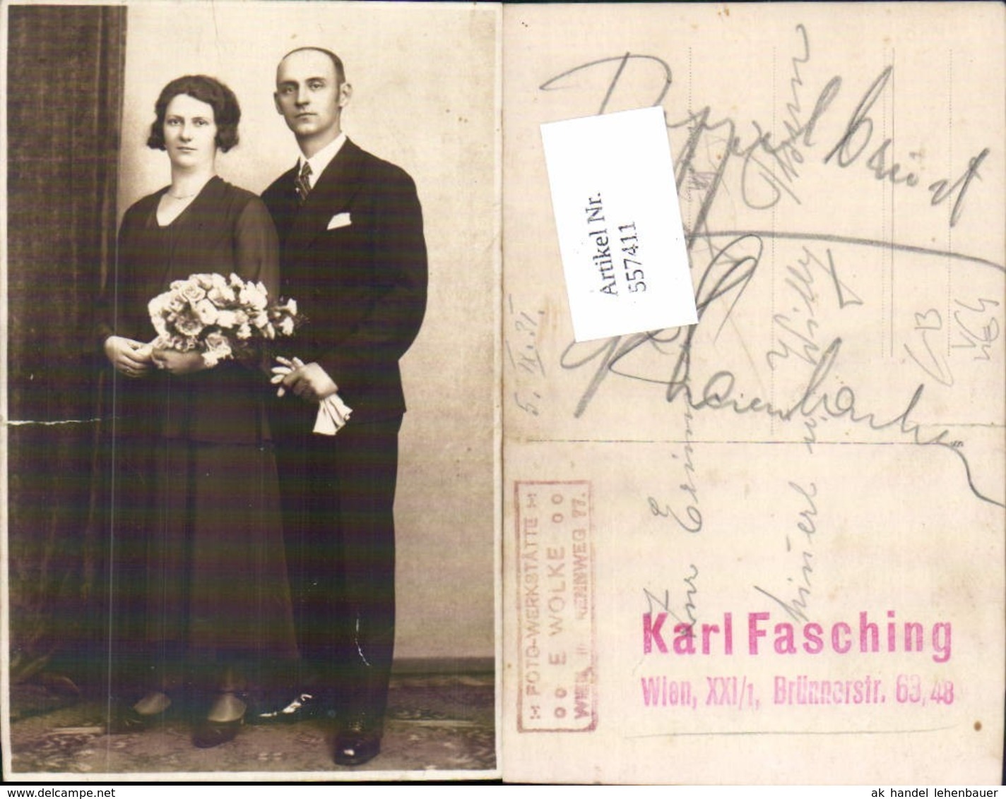 557411,Foto-AK Hochzeit Hochzeitspaar Liebe Frau Blumen Pub Karl Fasching Wien Florid - Hochzeiten