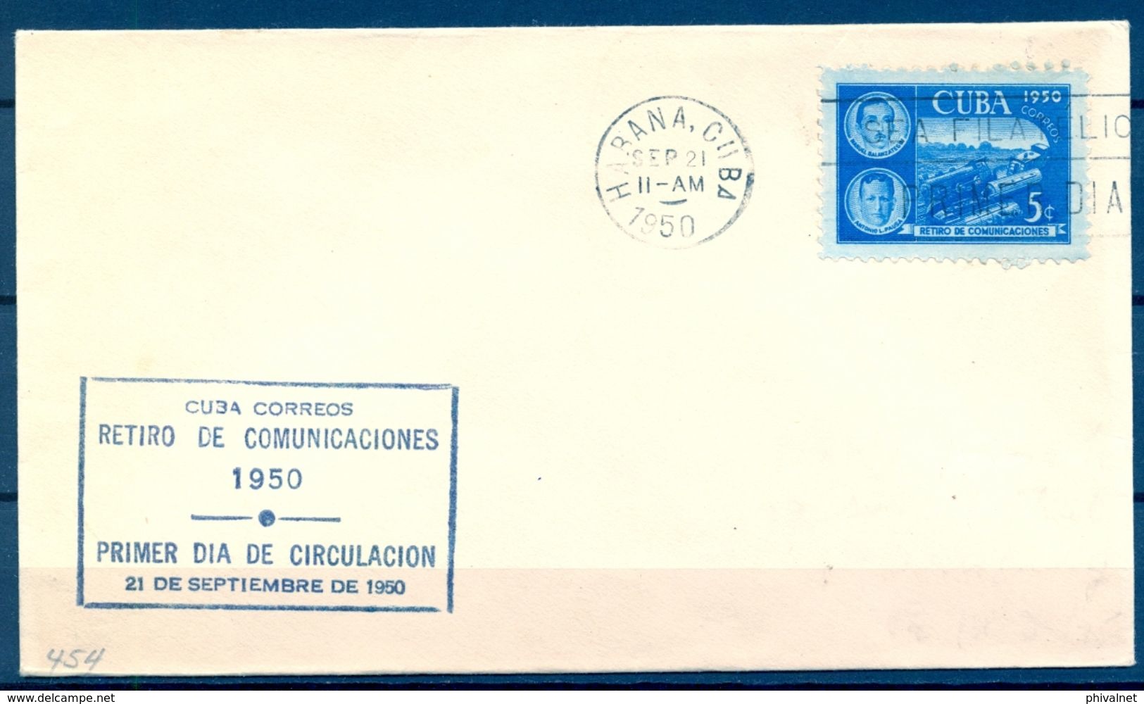 1950 , CUBA , SOBRE DE PRIMER DIA , RETIRO DE COMUNICACIONES - FDC