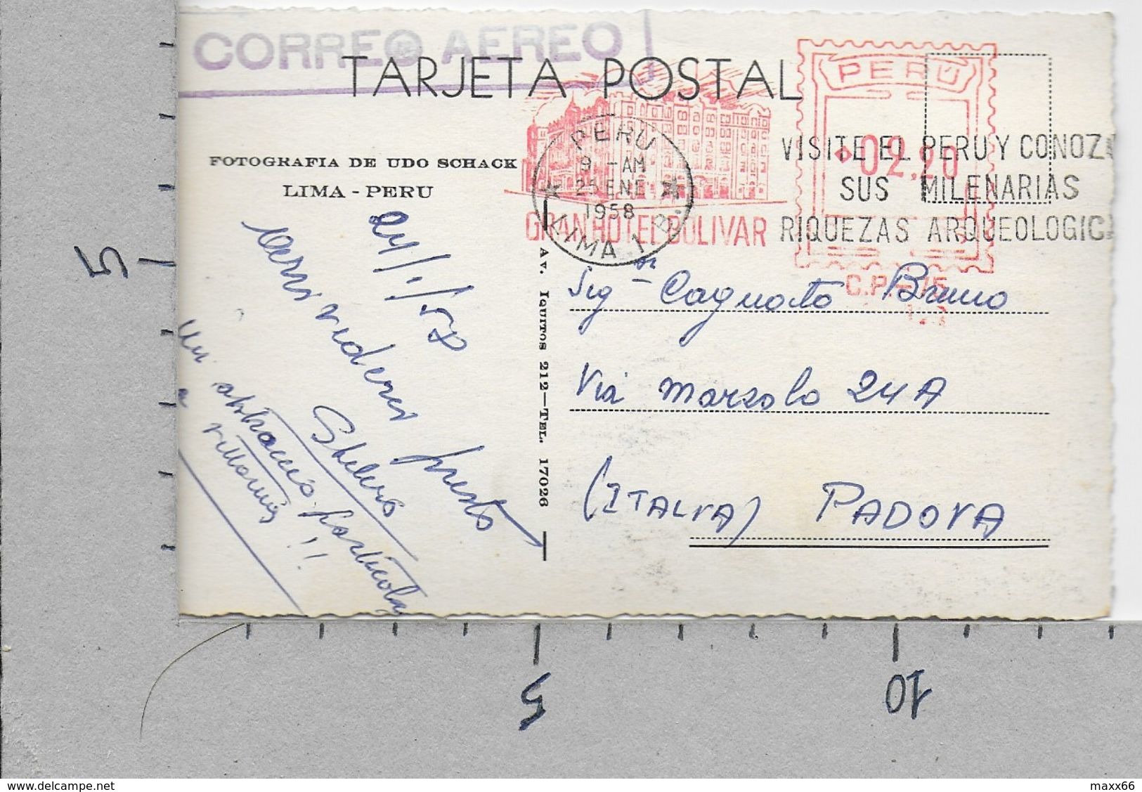 CARTOLINA VG PERU - LIMA - Palacio De Gobierno - Udo Schack - 9 X 14 - ANN. 1958 MECCANICA ROSSA GRAND HOTEL BOLIVAR - Perù