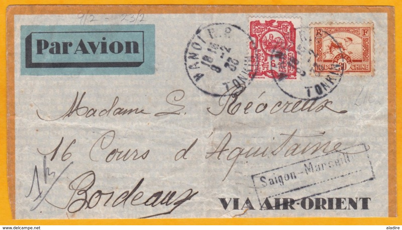 1933 - Enveloppe Par Avion AIR ORIENT De Hanoi Vers Bordeaux Via Saigon Marseille - Lettres & Documents