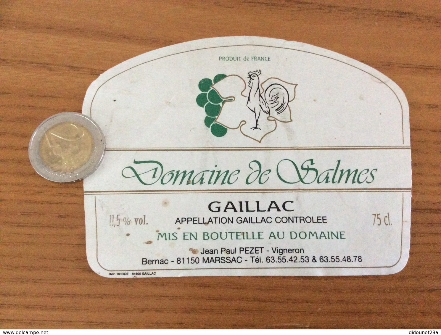 Etiquette De Vin «GAILLAC - Domaine De Salmes - Jean Paul PEZET MARSSAC (81)» (coq) - Gaillac