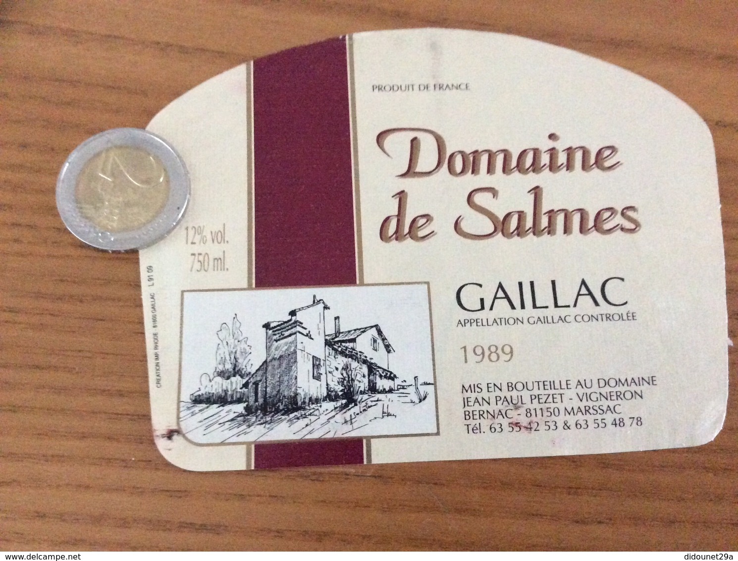 Etiquette De Vin «GAILLAC - Domaine De Salmes - Jean Paul PEZET MARSSAC (81)» 1989 - Gaillac