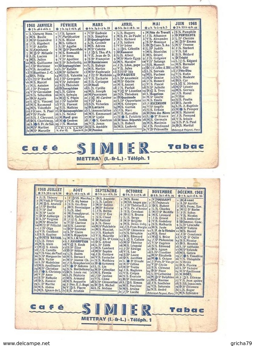 CALENDRIER - 1968 - CAFE TABAC SIMIER - METTRAY INDRE ET LOIRE - Petit Format : 1961-70
