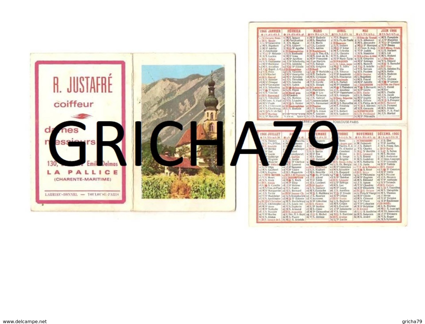 CALENDRIER - 1966 - VILLAGE EN MONTAGNE ET EGLISE - COIFFEUR R JUSTAFRE LA PALLICE - Petit Format : 1961-70