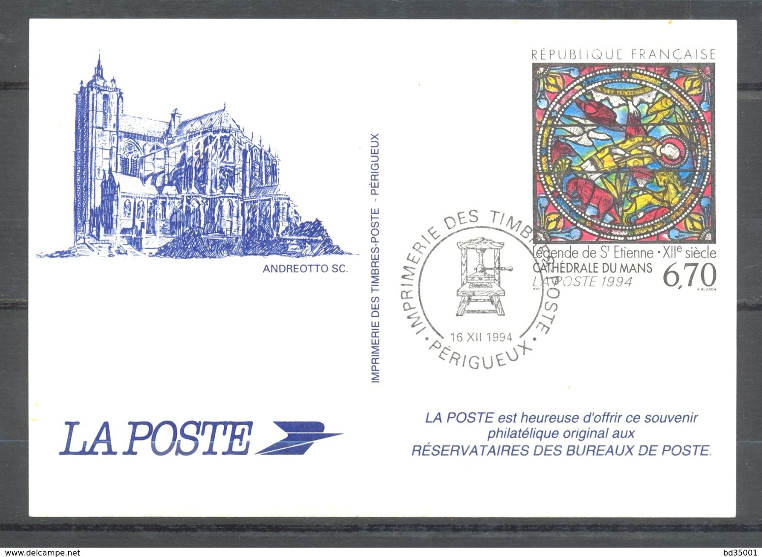 Carte Postale - Pseudo Entier Postal Cathédrale Du Mans 6.70 - Réservataires Des Bureaux De Poste - 16/12/1994 Périgueux - Sonderganzsachen