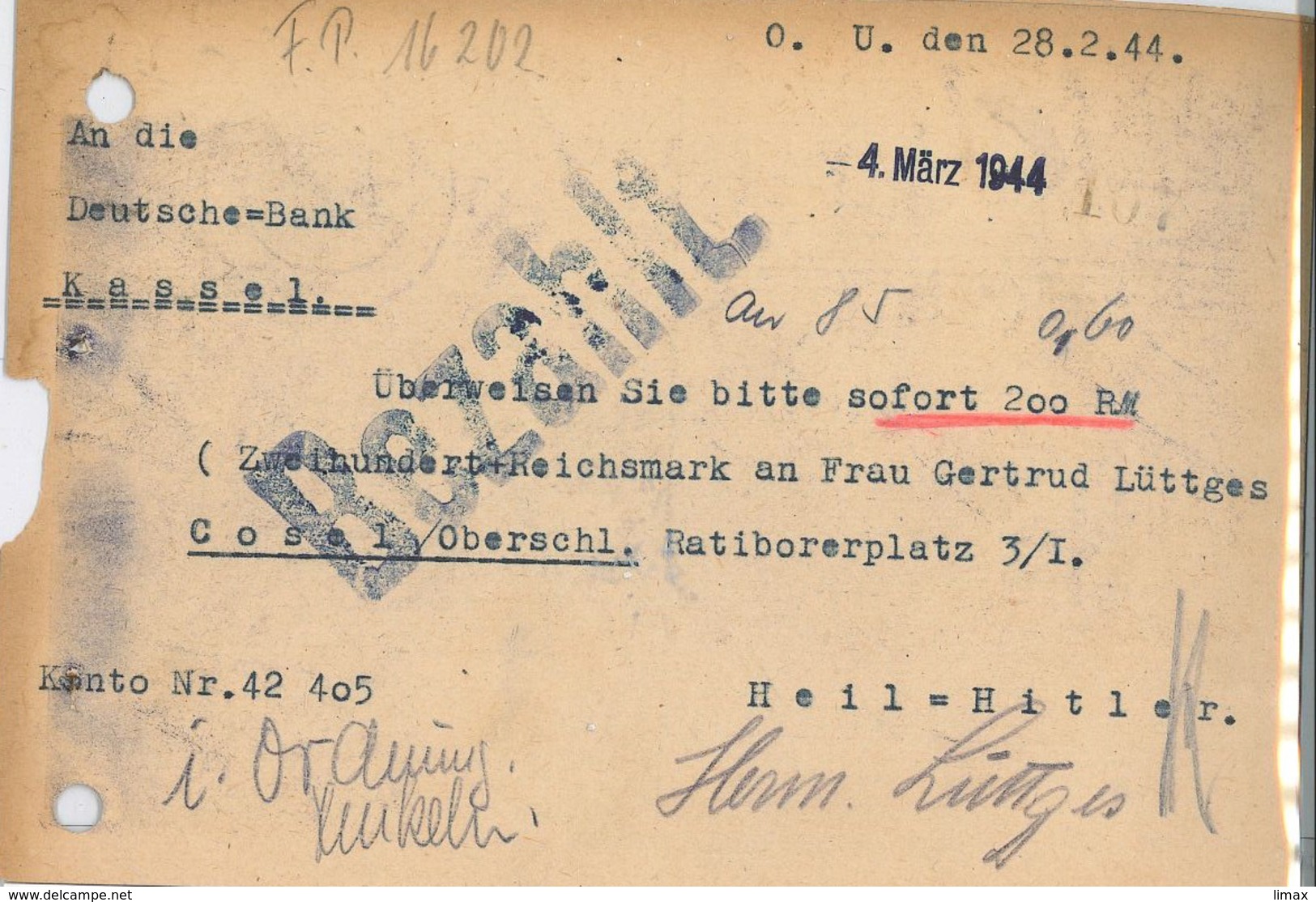 Feldpost Metz 29.02.1944 Nach Kassel Einheit 16202 - Dienstmarken