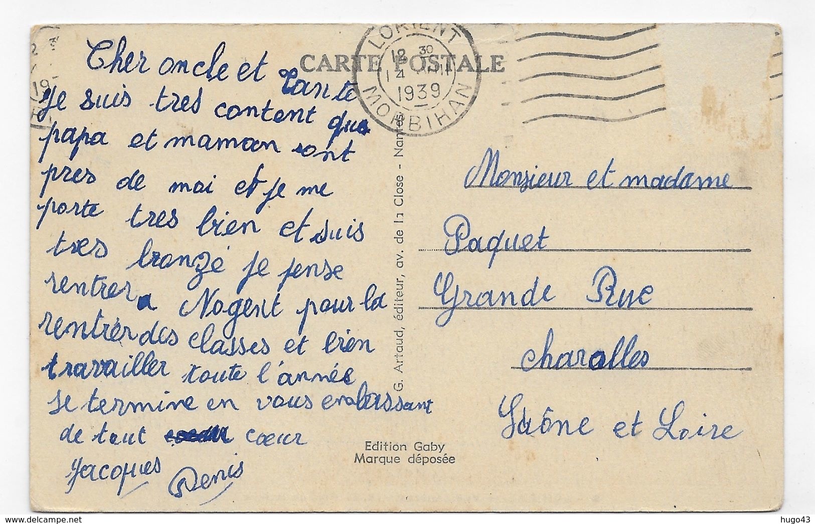 (RECTO / VERSO) LORIENT EN 1939 - N° 3 - VUE PANORAMIQUE DU PORT DE GUERRE - TIMBRE ARRACHE - CPA VOYAGEE - Lorient