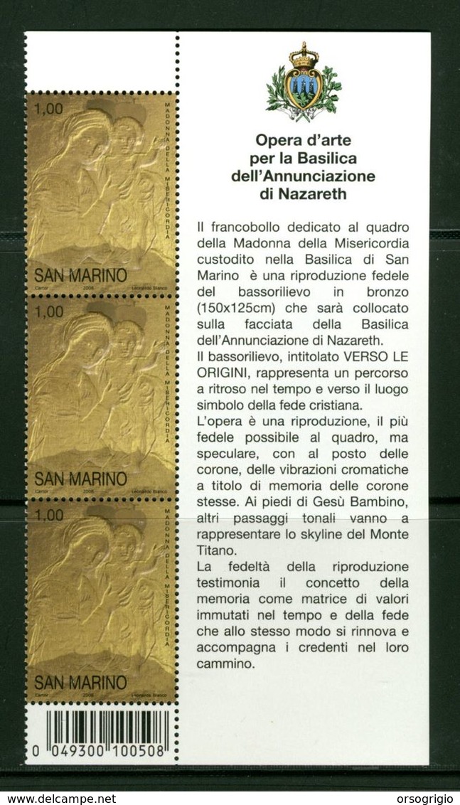 SAN MARINO - BASSORILIEVO BASILICA ANNUNCIAZIONE NAZARETH - BLOCCO FOGLIETTO - BF - NUOVO MNH - Unused Stamps