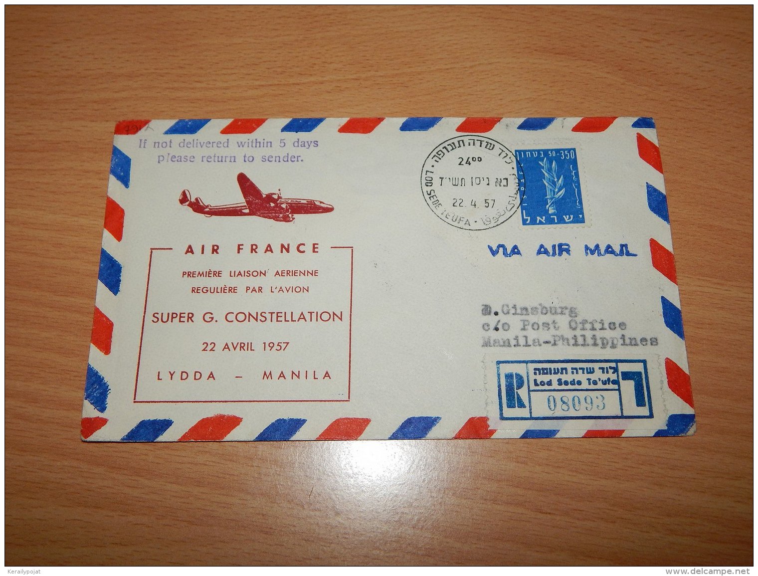 Israel 1957 Air France First Flight Lod-Manila__(L-7912) - Briefe U. Dokumente