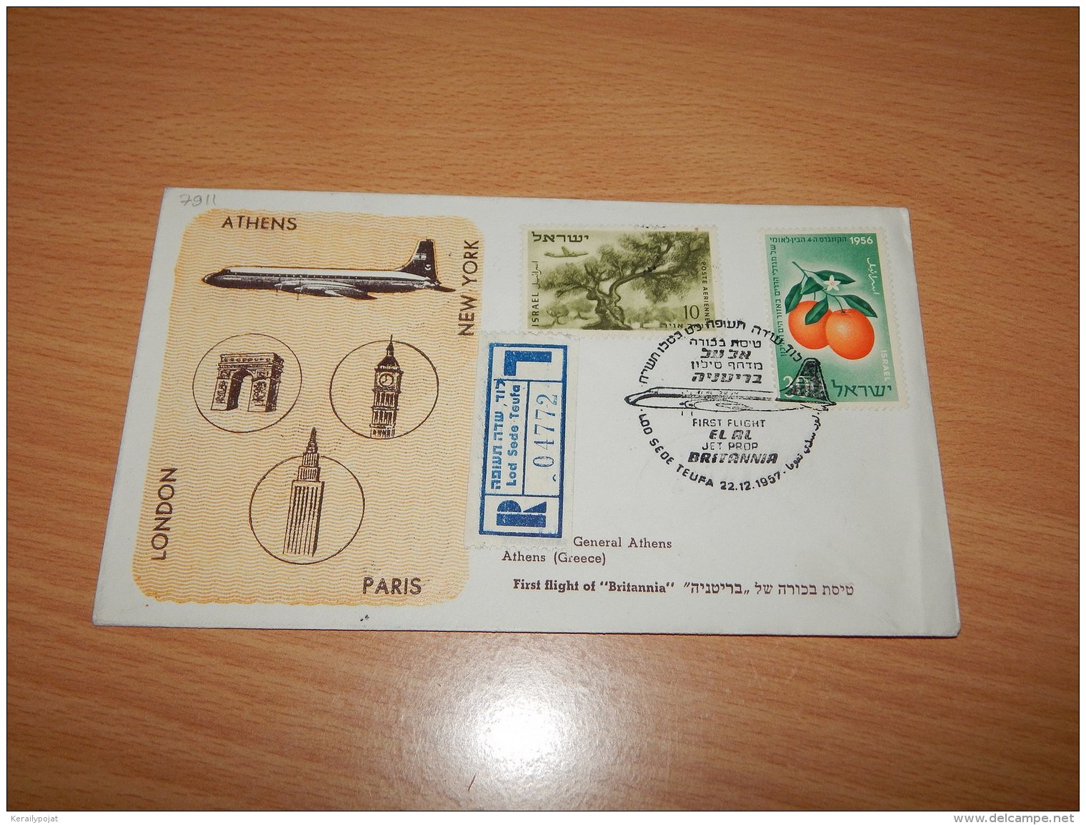 Israel 1957 El Al First Flight Lod-Athens__(L-7911) - Storia Postale