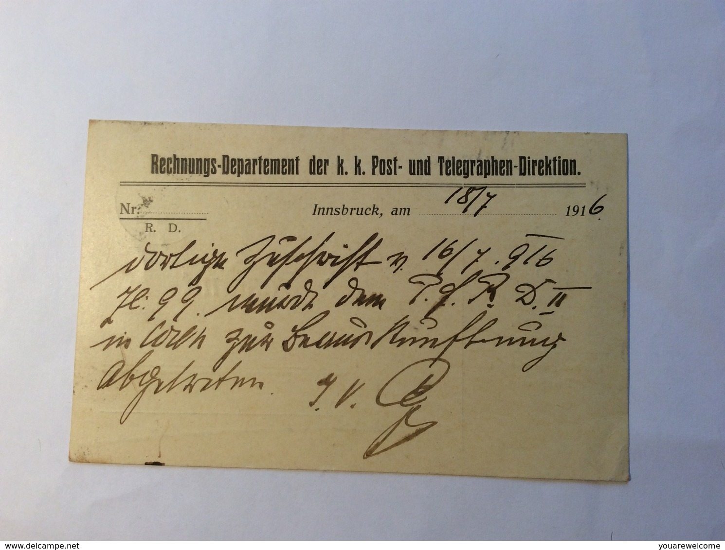 Postkarte Dienst-Formular Innsbruck 1916  „RECHNUNGS-DEP. POST & TELEGRAPHEN“ > Langenegg Vorarlberg (Österreich Brief - Briefe U. Dokumente