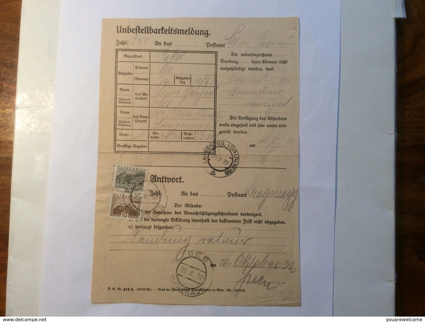 Dienst-Formular Langenegg Vorarlberg 1932 „PAKET UNBESTELLBARKEITSMELDUNG“ > See In Paznaun (Österreich Brief - Briefe U. Dokumente