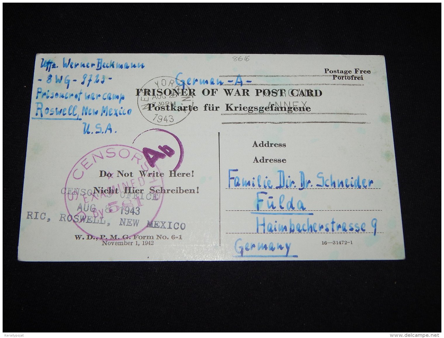 USA 1943 Prisoner Of War Card To Germany__(L-8616) - Briefe U. Dokumente