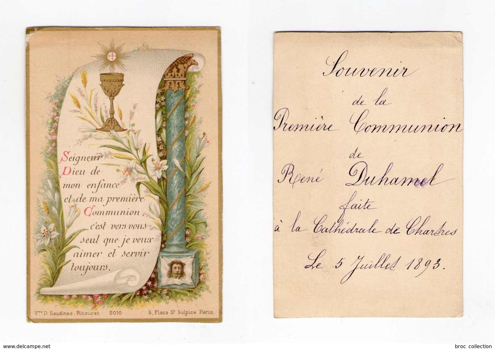 Chartres, 1re Communion René Duhamel, 1893, Voile De Sainte Véronique, Vve D. Saudinos-Ritouret N° 5010 - Images Religieuses