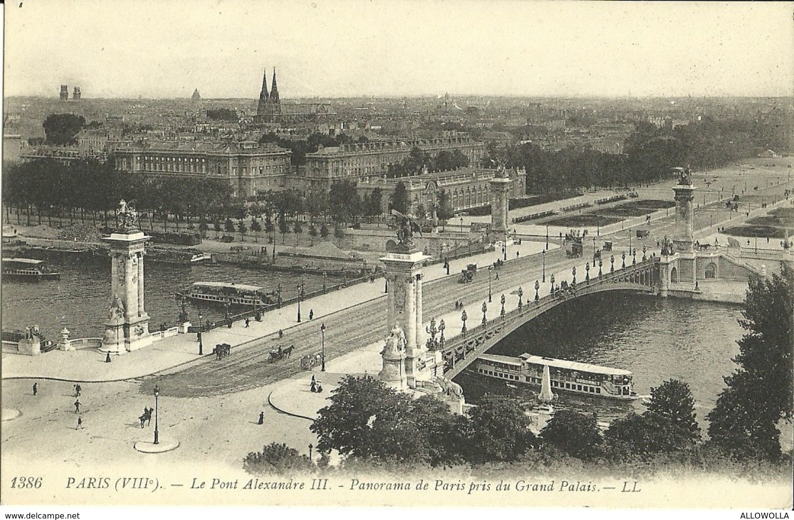 435-"PARIS LE PONT ALEXANDRE III PANOR. DE PARIS PRIS DU GRAND PALAIS" CART. ORIG ANIM-BATTELLI CARRI CAVALLI E AUTO - Ponti