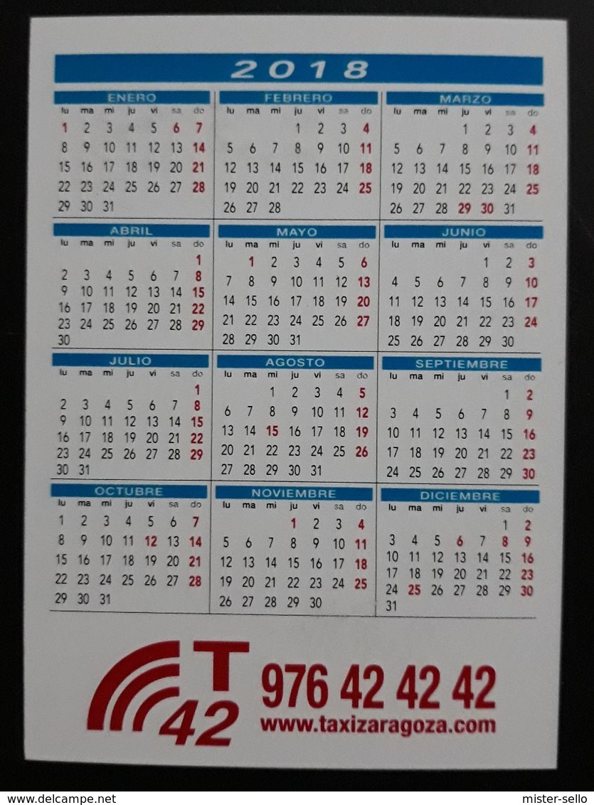 2018. CALENDARIO VIRGEN DEL PILAR - RADIO TAXI - ZARAGOZA. - Tamaño Pequeño : 2001-...