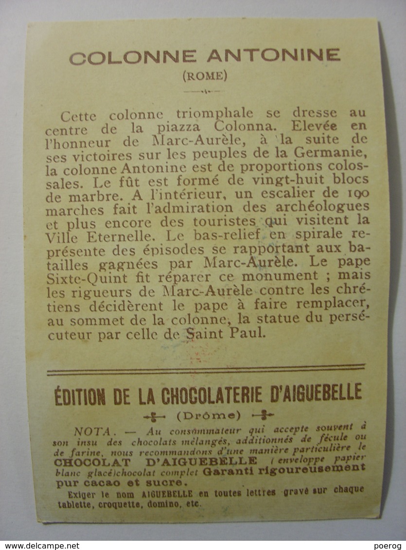 CHROMO CARTE - CHOCOLAT D'AIGUEBELLE - COLONNE ANTONINE (ROME ITALIE) - 7X10 - MONUMENT MONUMENTS - DIDACTIQUE - 1900 - Aiguebelle