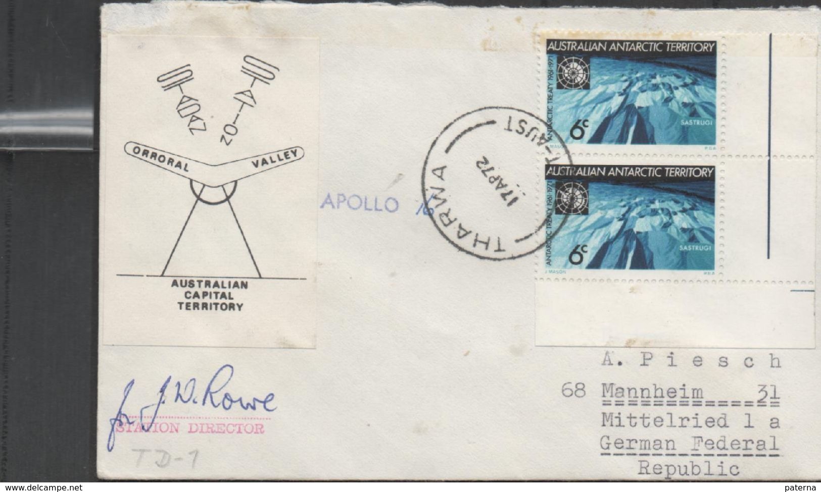 3239   Carta THARWA (Australian Antartic Territory) 1972. Signe Station Director, Apollo 16 - Covers & Documents