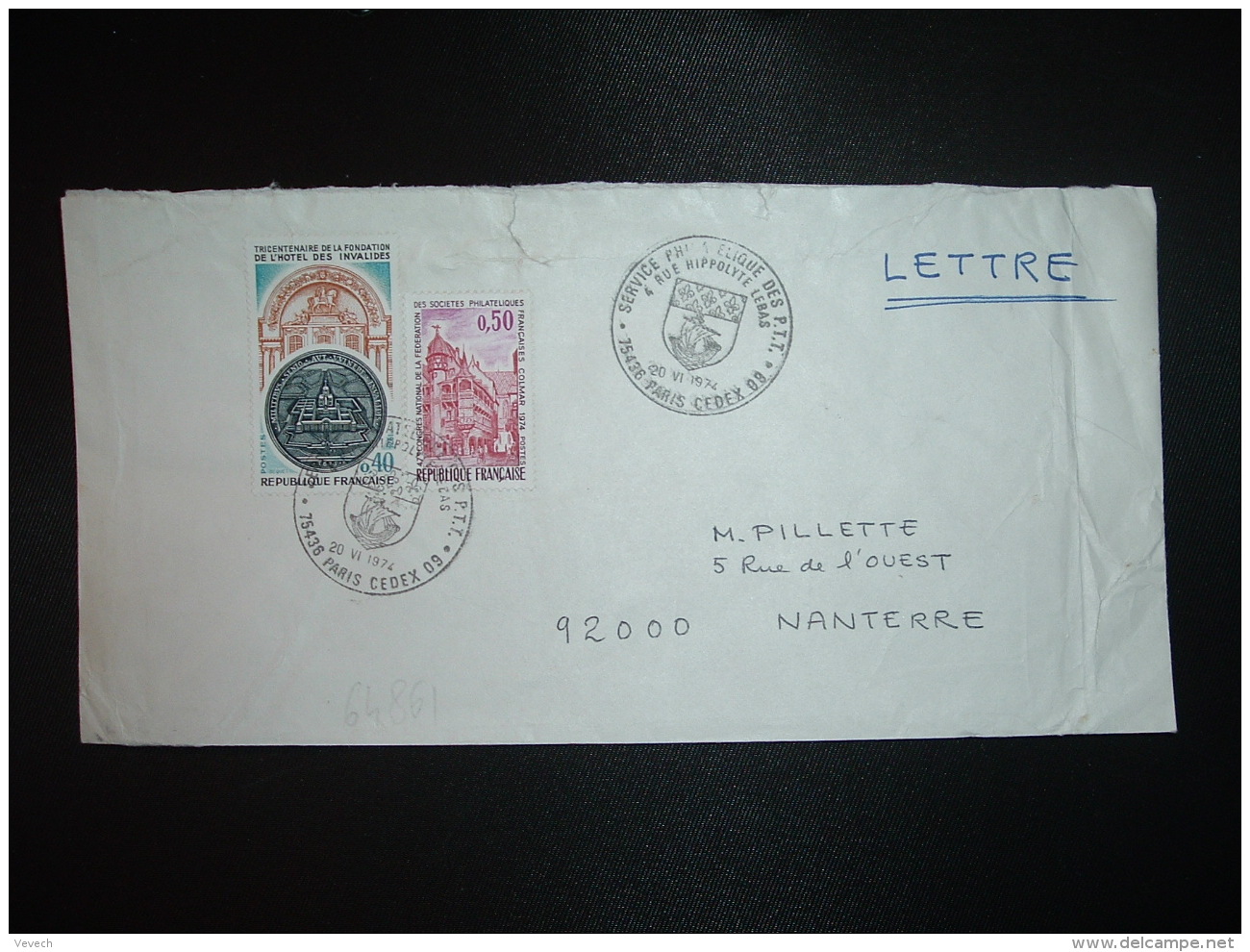 LETTRE TP COLMAR 0,50 + HOTEL DES INVALIDES 0,40 OBL.20 VI 1974 PARIS CEDEX 09 SERVICE PHILATELIQUE DES PTT - Tarifs Postaux