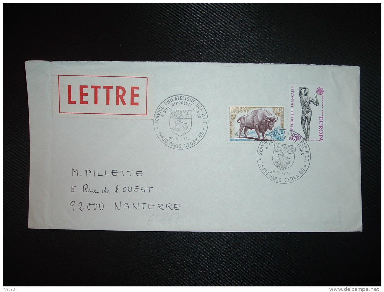 LETTRE TP EUROPA 0,50 + BISON D'EUROPE 0,40 OBL.29 V 1974 PARIS CEDEX 09 SERVICE PHILATELIQUE DES PTT - Posttarife