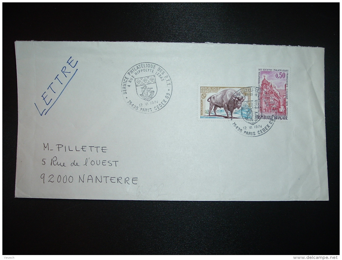 LETTRE TP COLMAR 0,50 + BISON D'EUROPE 0,40 OBL.12 VI 1974 PARIS CEDEX 09 SERVICE PHILATELIQUE DES PTT - Posttarife