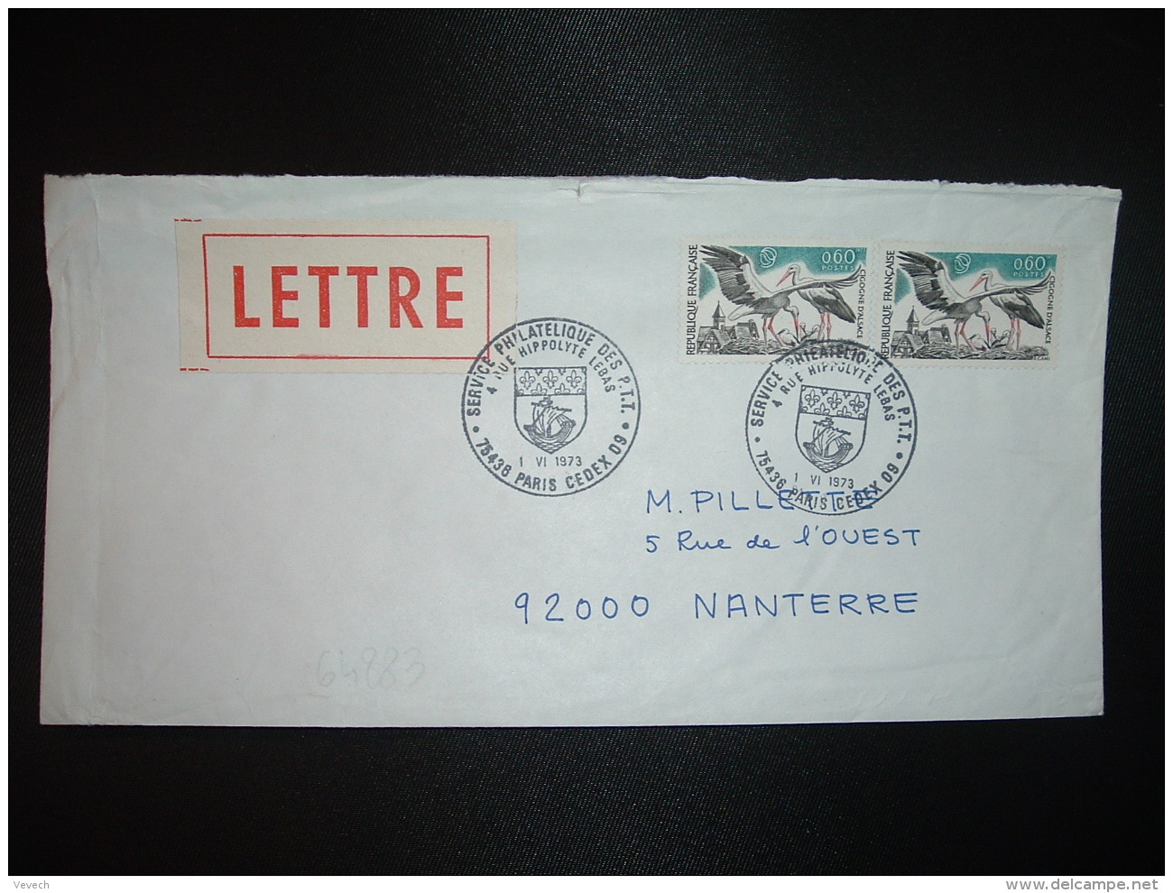 LETTRE TP CIGOGNE D'ALSACE 0,60 X2 OBL.1 VI 1973 PARIS CEDEX 09 SERVICE PHILATELIQUE DES PTT - Tarifs Postaux