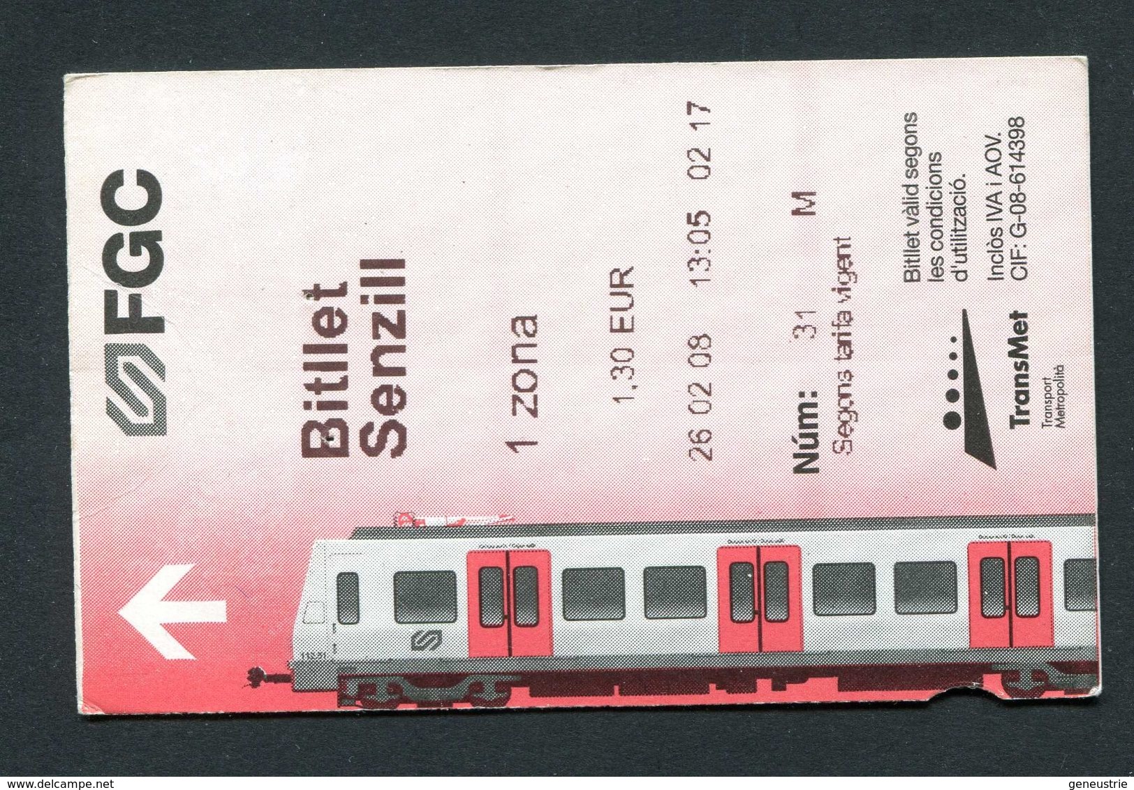 Ticket De Train De Barcelone "FGC Ferrocarrils" Billet De Transport - Europe