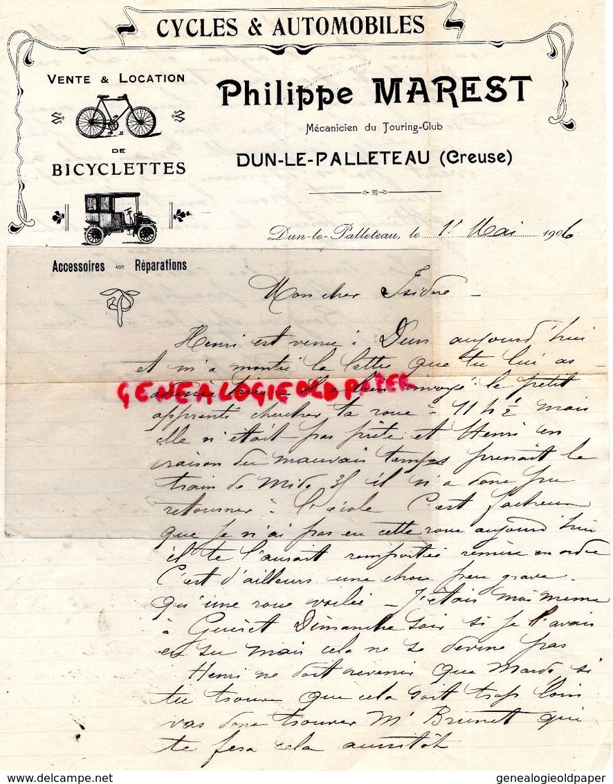 23- DUN LE PALLETEAU-RARE LETTRE MANUSCRITE SIGNEE PHILIPPE MAREST- CYCLES AUTOMOBILES-VELO-CYCLISME-BICYCLETTES-1906 - Transports