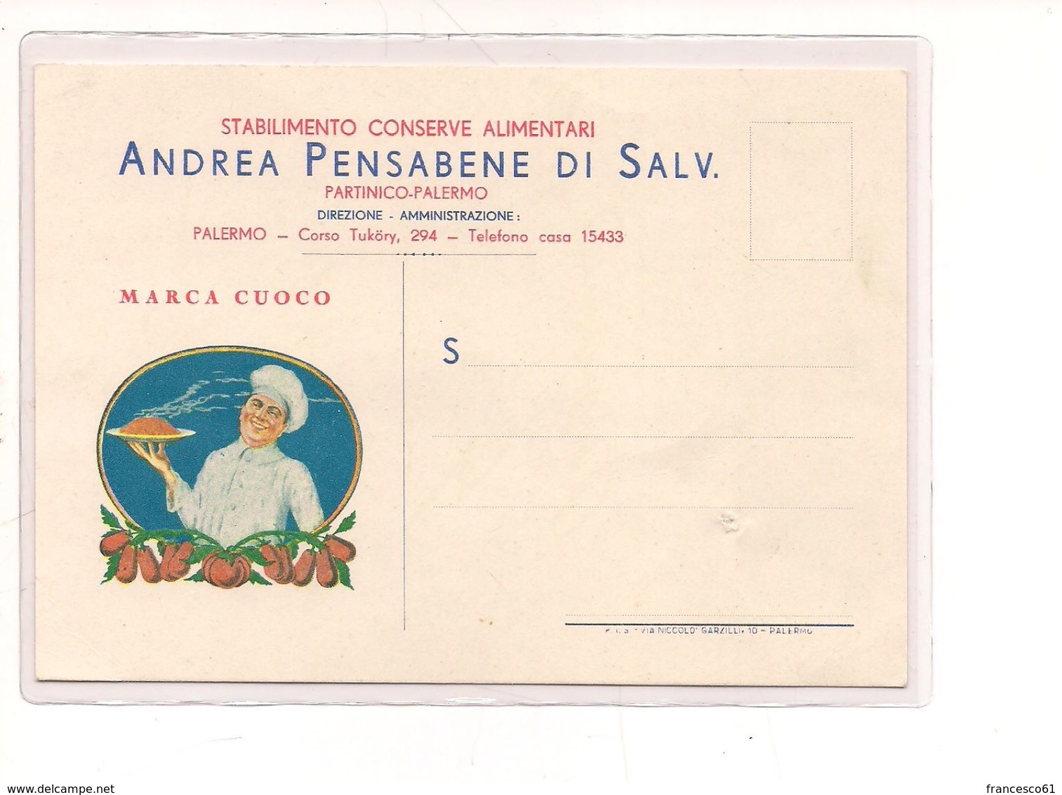 PA347 SICILIA PALERMO Pubblicitaria PENSABENE Conserve Alimentari Partinico 1940 Viaggiata In Busta - Palermo