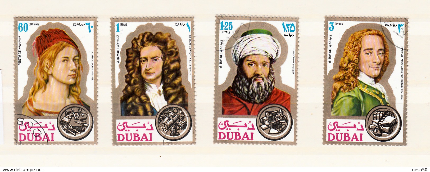 Dubai 1971 Mi Nr 397 - 400, Beroemde Mensen, Albrecht Dürer, Isaac Newton, Avicenna (Ibn Sina) , Voltaire - Dubai