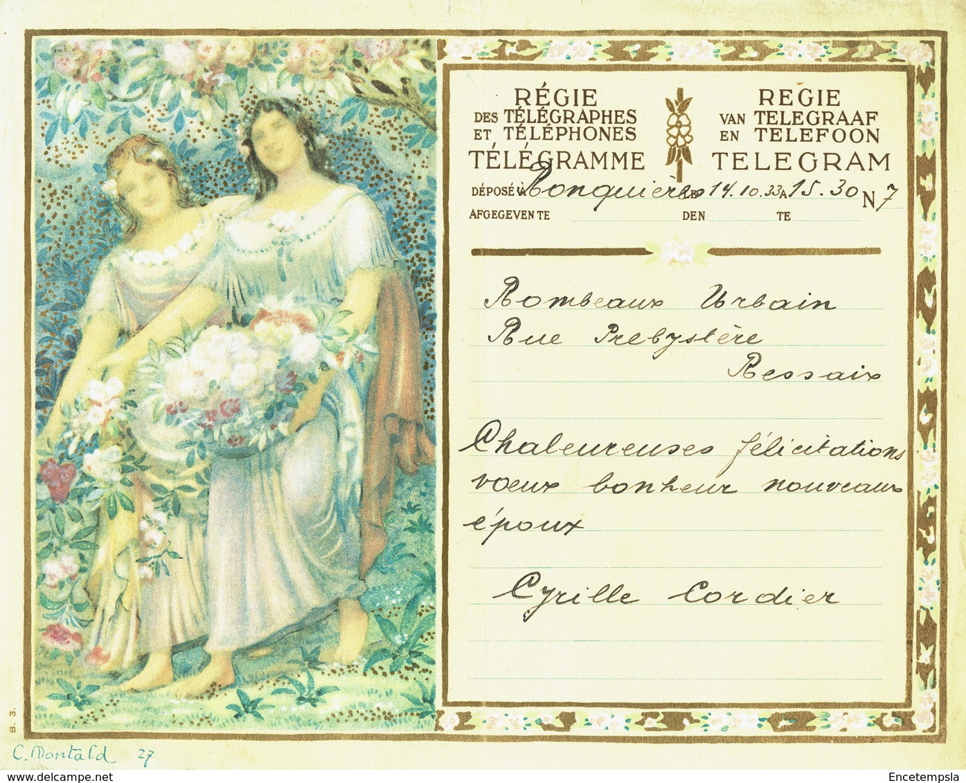 Télégramme En Couleur De 1933 De La Régie Des Télégraphes  & Téléphones De Belgique - Félicitation Pour Un Mariage (T11) - Mariage