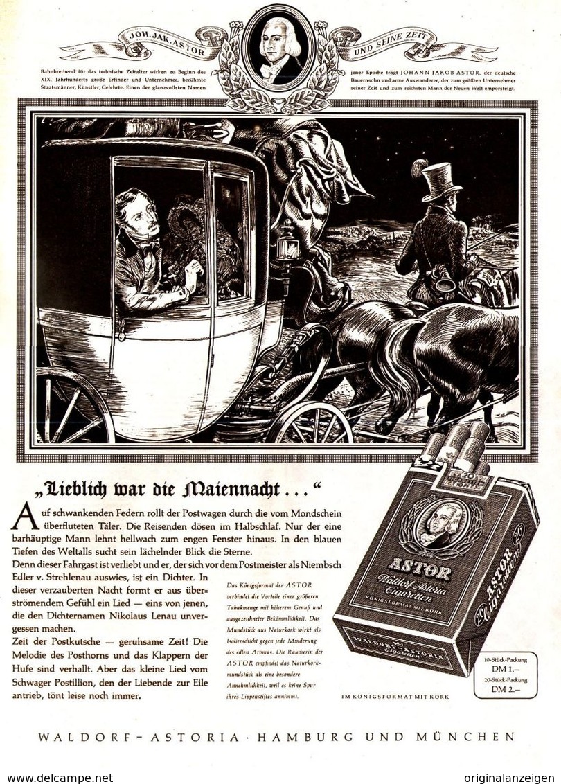 Original-Werbung/ Anzeige 1953 - ASTOR / WALDORF ASTORIA CIGARETTEN / NIKOLAUS LENAU - Ca. 235 X 320  Mm - Pubblicitari