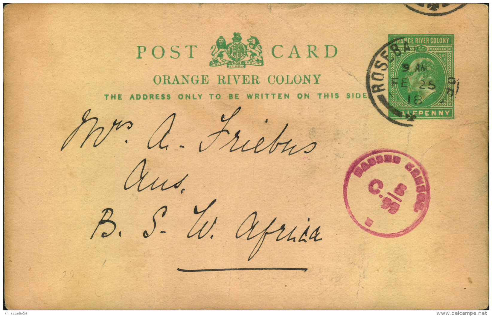 1918, !/2 D Stat. Card Sent From ROSEBANK South Africa With Red Censor Mark To British South West Africa. - Oranje-Freistaat (1868-1909)