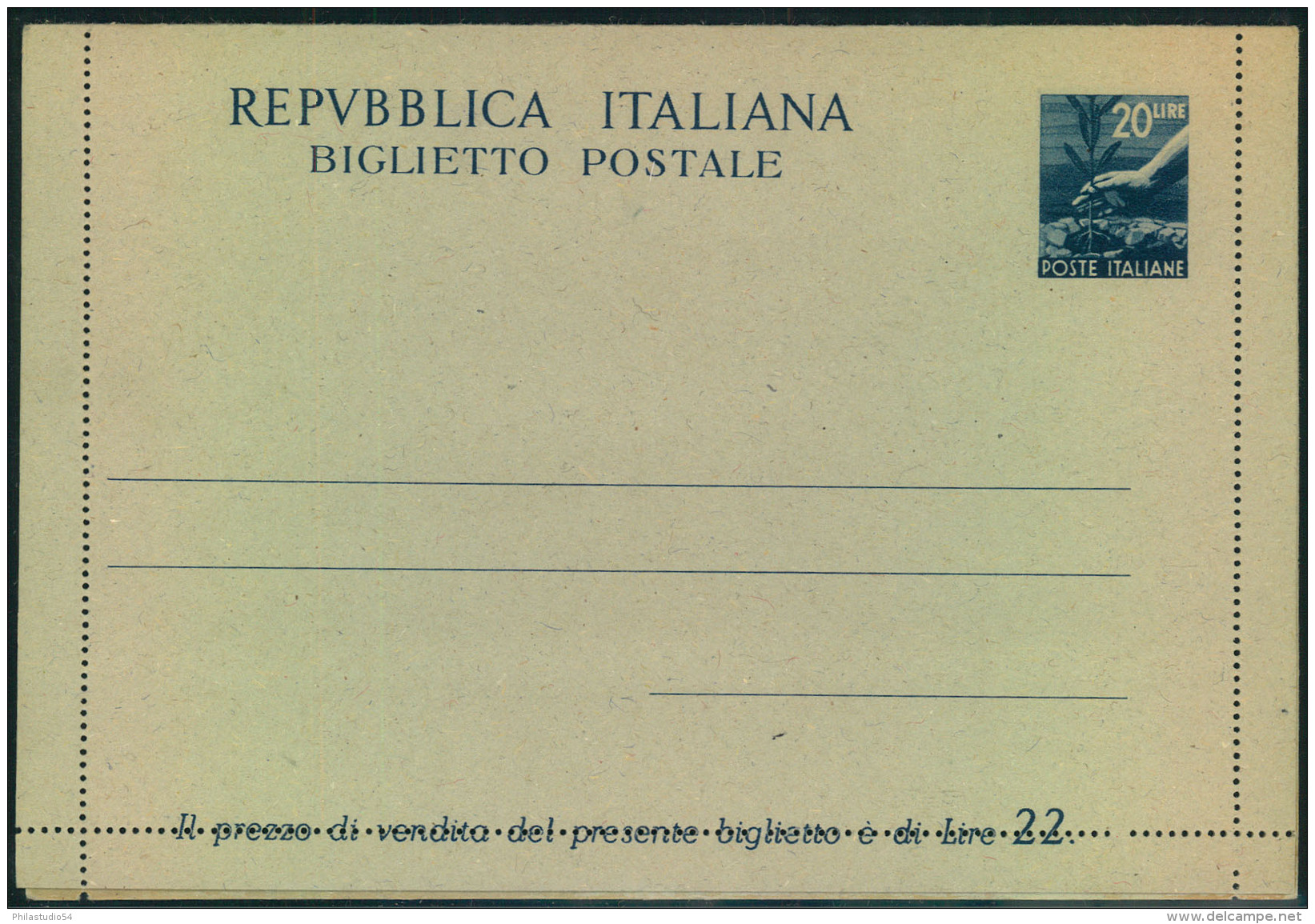 1945, Card Letter 20 Lire Olive Tree Unused. Biglietto Postale - Andere & Zonder Classificatie